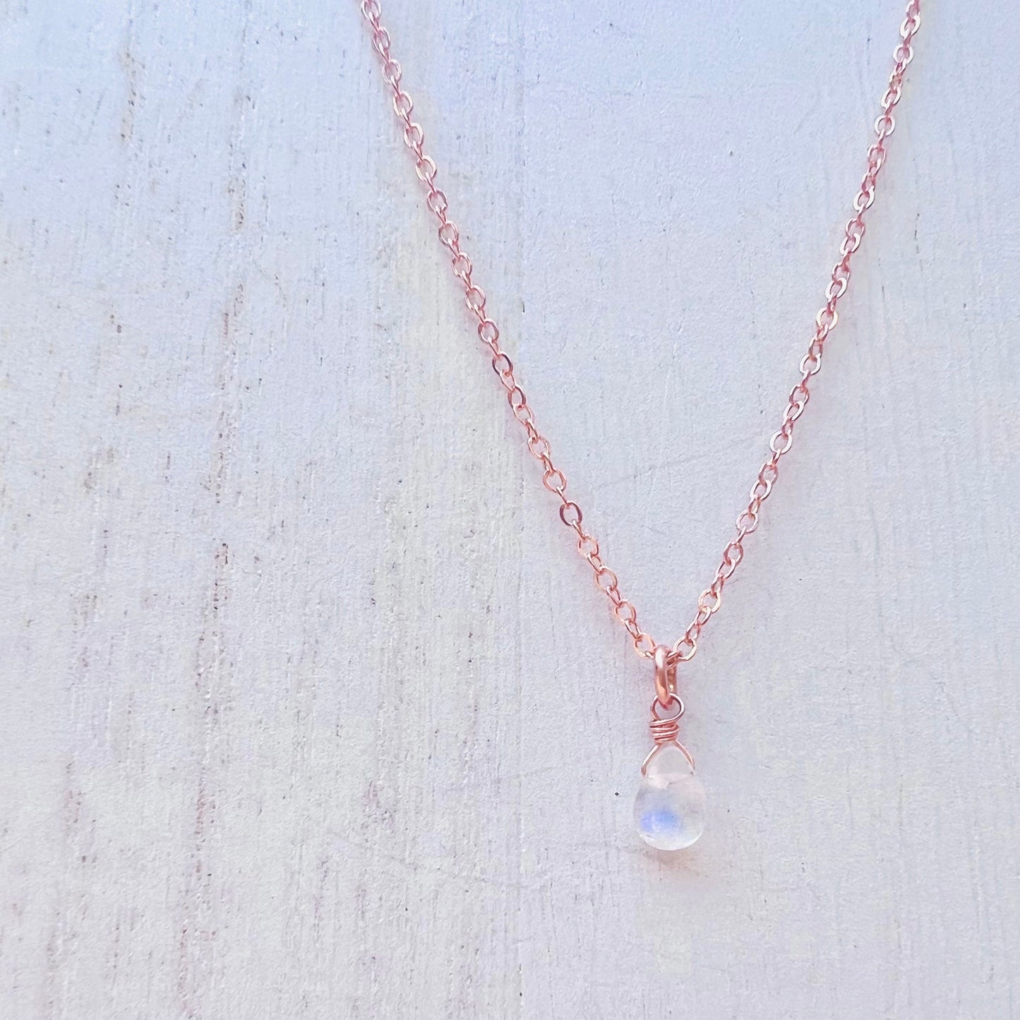 Tiny Rainbow Moonstone Drop Necklace