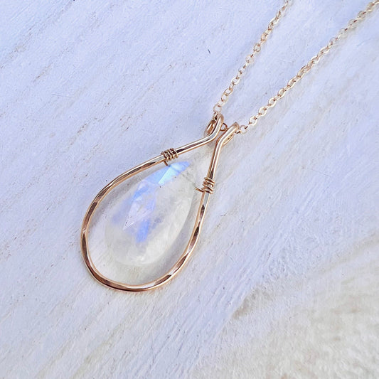 Large Rainbow Moonstone Framed Necklace June Birthday Gold Necklace